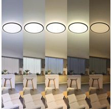 Ronde LED-plafondlamp in een moderne woonkamer met keuken, vijf kleurtemperaturen van koudwit tot warmwit instelbaar.
