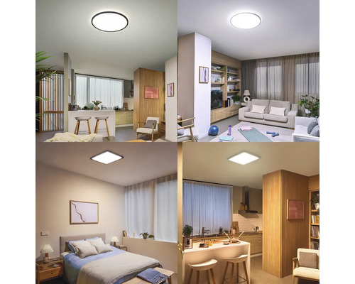 Vier woonruimtes met moderne platte led-plafondlampen in ronde en vierkante vorm voor de keuken, woonkamer en slaapkamer.