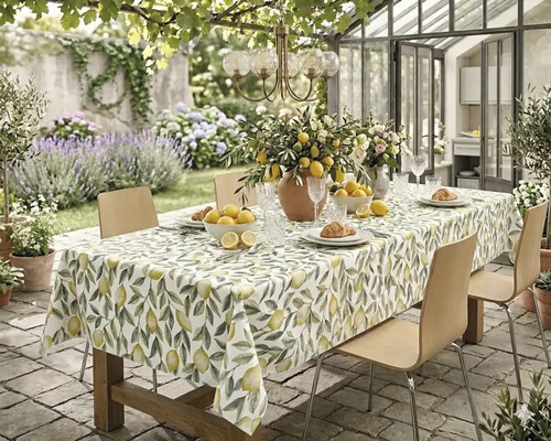 Gedekte tuintafel met een tafelkleed met citroendessin, houten stoelen en servies op een stenen terras naast een lichte kas.
