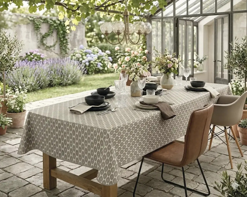 Gedekte houten tuintafel met een tafelkleed met patroon op een stenen terras voor een plantenkas, omringd door tuinstoelen.