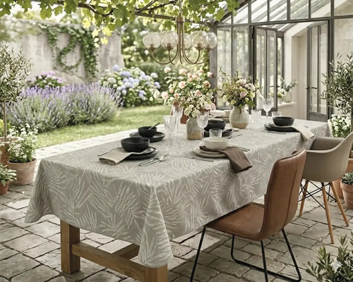 Gedekte houten tafel op een stenen terras met een tafelkleed met bladmotief, leren stoelen en bloemstukken in een tuin.