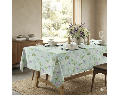Rechthoekig tafelkleed met een patroon van vlinders en bloemen op een houten eettafel in een lichte, modern ingerichte kamer.
