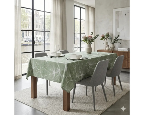 Gedekte eettafel met een tafelkleed met botanisch bladpatroon, gestoffeerde stoelen en decoratie in een lichte, moderne eetkamer.