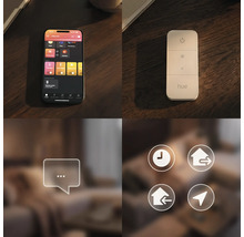 Philips Hue slimme verlichtingsbediening met smartphone-app, draadloze dimmerschakelaar en pictogrammen voor tijdschema's en automatisering.