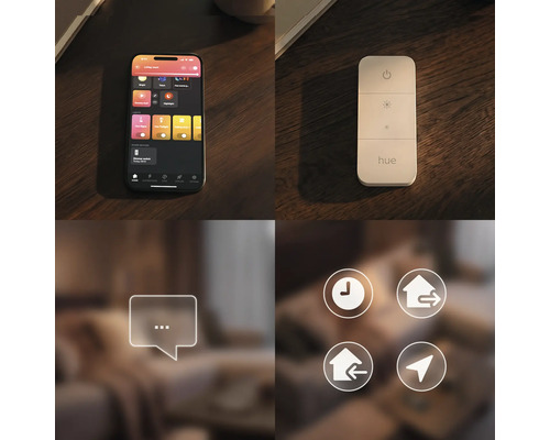 Philips Hue slimme verlichtingsbediening met smartphone-app, draadloze dimmerschakelaar en pictogrammen voor tijdschema's en automatisering.