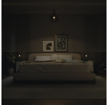 Moderne slaapkamer met gestoffeerd bed, abstracte wanddecoratie en verlichting door hanglamp en nachtkastlampjes.