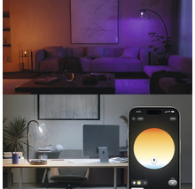 Slimme verlichtingsregeling via app voor woonkamer en kantoor, met verschillende instelbare lichtkleuren en kleurtemperaturen.
