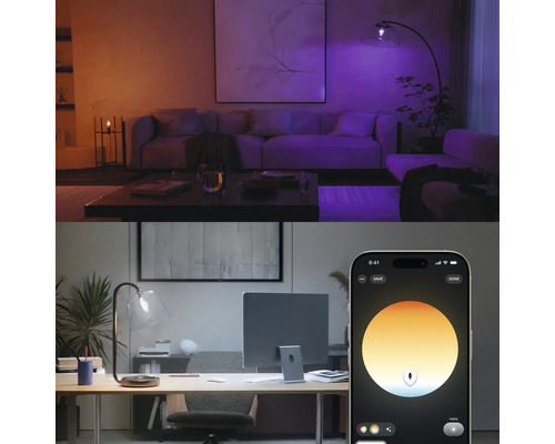 Slimme verlichtingsregeling via app voor woonkamer en kantoor, met verschillende instelbare lichtkleuren en kleurtemperaturen.