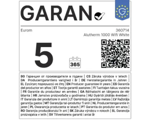 5 jaar fabrieksgarantie voor Eurom Alutherm 1000 Wifi White