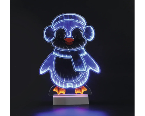 LED-pinguïn met infinity-spiegeleffect, decoratieve kerstfiguur met muts, sjaal en oorwarmers.