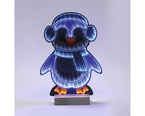 LED-decoratielamp pinguïn met infinity-effect, pinguïn met muts en sjaal op een standaard.