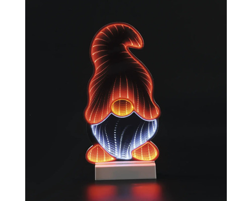 LED-decoratiefiguur kabouter met infinity mirror-effect, warm en koud licht op een witte voet.