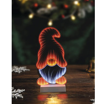 LED-kerstdecoratie met infinity mirror in de vorm van een kabouter met oranje en wit licht op een houten tafel.