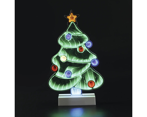 LED-decoratie kerstboom met infinity-effect, gekleurde lampjes en ster op witte voet.