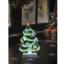 Led-kerstboom met infinity mirror-effect, gekleurde lichtjes en ster op witte voet in kerstopstelling.