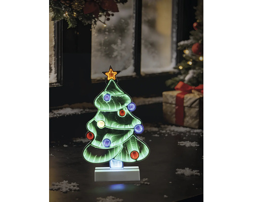 Led-kerstboom met infinity mirror-effect, gekleurde lichtjes en ster op witte voet in kerstopstelling.