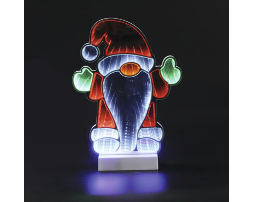 LED-kerstkabouter met infinity-spiegeleffect, decoratieve verlichte figuur voor Kerstmis op witte voet.