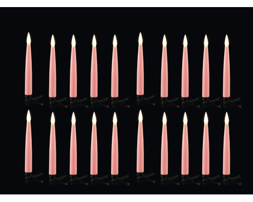 Twintig roze led-kerstboomkaarsen met warmwit licht en zwarte bevestigingsclips.