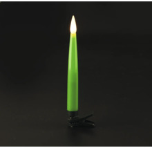 Draadloze led-kerstboomkaars in het groen met bevestigingsclip en warmwitte vlam.