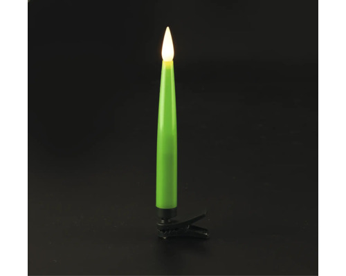 Draadloze led-kerstboomkaars in het groen met bevestigingsclip en warmwitte vlam.