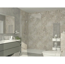 Moderne, lichte badkamer met inloopdouche van glas, grootformaat tegels met natuursteenlook, wastafelmeubel met spiegel en designradiator.