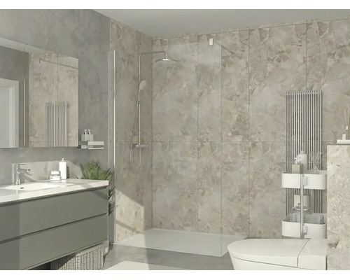 Moderne, lichte badkamer met inloopdouche van glas, grootformaat tegels met natuursteenlook, wastafelmeubel met spiegel en designradiator.
