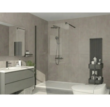 Moderne badkamer met inloopdouche, glazen wand, zwart douchesysteem, grijs wastafelmeubel en zwarte handdoekradiator.