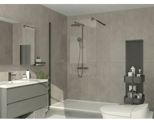 Moderne badkamer met inloopdouche, glazen wand, zwart douchesysteem, grijs wastafelmeubel en zwarte handdoekradiator.