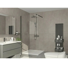 Moderne badkamer met inloopdouche, zwarte kranen, grijs wastafelmeubel en verticale radiator tegen grote grijze tegels.