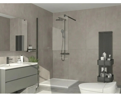 Moderne badkamer met inloopdouche, zwarte kranen, grijs wastafelmeubel en verticale radiator tegen grote grijze tegels.