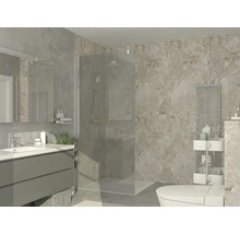 Moderne badkamer met inloopdouche van glas, wastafelmeubel met lades, wandtegels met steenlook en designradiator.