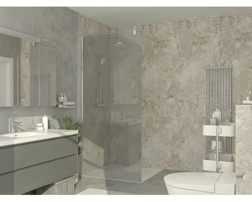 Moderne badkamer met inloopdouche van glas, wastafelmeubel met lades, wandtegels met steenlook en designradiator.