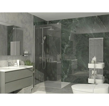Moderne badkamer met glazen inloopdouche, wastafelmeubel met wasbak en verticale radiator.