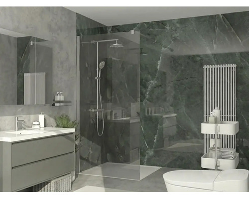 Moderne badkamer met glazen inloopdouche, wastafelmeubel met wasbak en verticale radiator.