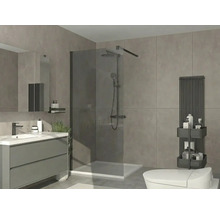 Moderne badkamer met inloopdouche van rookglas, zwart douchesysteem, grijs wastafelmeubel en bijpassende designradiator.