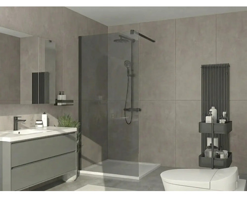 Moderne badkamer met inloopdouche van rookglas, zwart douchesysteem, grijs wastafelmeubel en bijpassende designradiator.