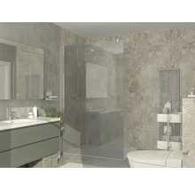 Moderne badkamer met glazen inloopdouche, grijs wastafelmeubel met witte wasbak, wandtegels met steenlook en verticale radiator.