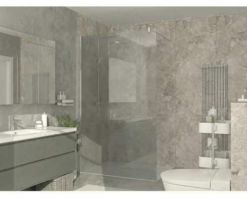 Moderne badkamer met glazen inloopdouche, grijs wastafelmeubel met witte wasbak, wandtegels met steenlook en verticale radiator.