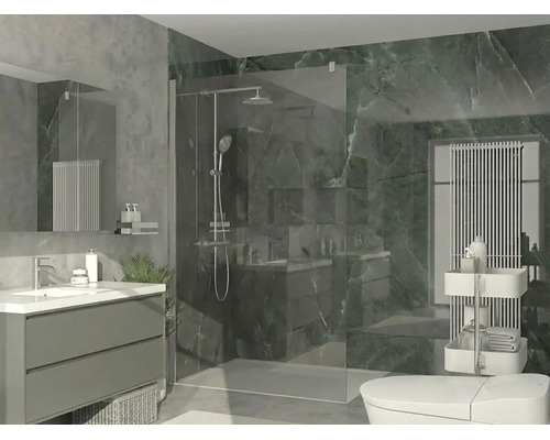 Moderne badkamer met inloopdouche van glas, douchesysteem, grijs wastafelmeubel en groene marmerlook tegels.