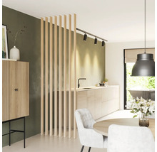 Moderne woonkamer met roomdivider van verticale houten lamellen tussen de eethoek en de keuken.