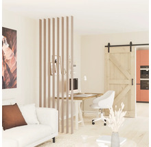 Moderne woonkamer met houten lattenwand als kamerverdeler, bureau en schuifdeur in staldeur-stijl. Lichte en georganiseerde sfeer.
