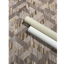 Vliesbehang met geometrisch patroon in weeflook en twee bijpassende rollen behang met structuur.