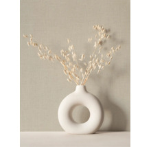 Ronde keramische vaas in ringvorm met gedroogde grassen voor een getextureerd behang met linnenlook.