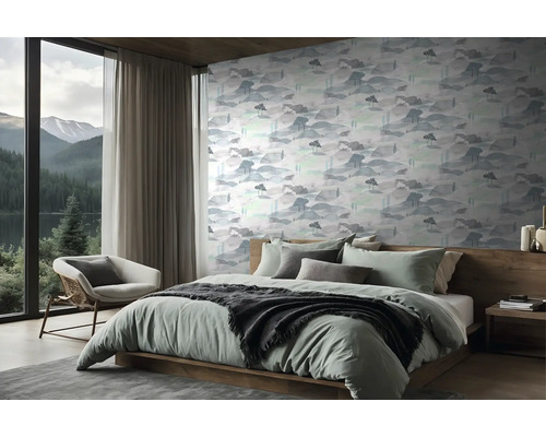 Moderne slaapkamer met houten bed, behang met landschapspatroon en een groot raam met uitzicht op een berglandschap.