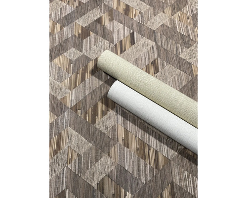 Vliesbehang met geometrisch patroon in weeflook en twee bijpassende rollen behang met structuur.