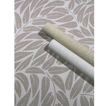Vliesbehang met bladpatroon in linnenlook en twee rollen gestructureerd behang.