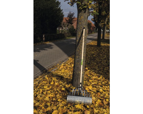 Een bladhark met houten steel leunt tegen een boom in een bed van herfstbladeren.