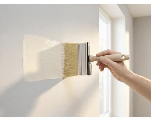 Een hand brengt witte muurverf aan op een muur met een brede blokkwast.