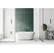 Moderne badkamer met vrijstaand bad voor een donkergroene tegelwand, minimalistisch design met glaselementen.