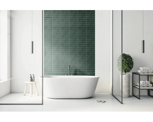 Moderne badkamer met vrijstaand bad voor een donkergroene tegelwand, minimalistisch design met glaselementen.